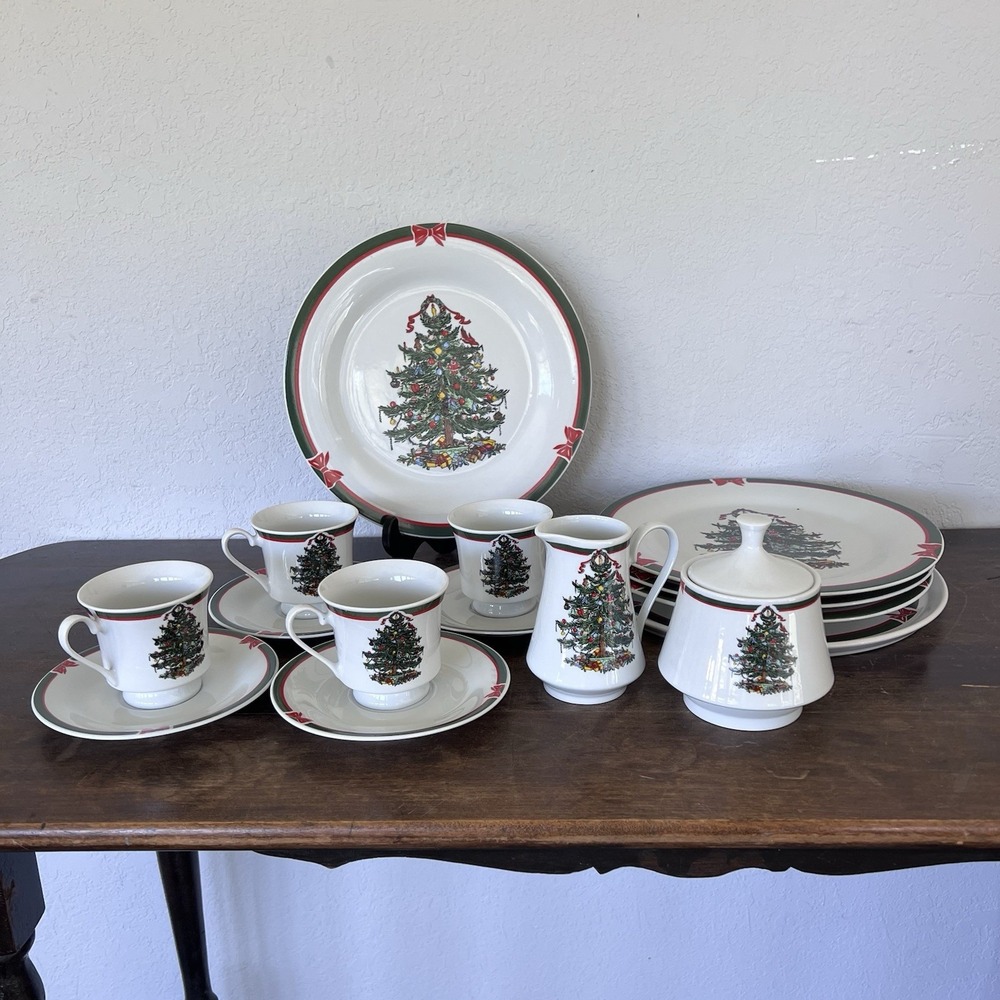 Ribbons & Tree Porcelain‎ Holiday China By Topco 15pc Set VTG